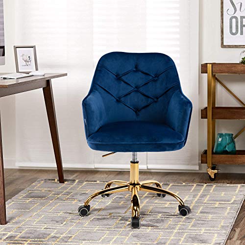 Goujxcy Modern Home Office Chair, Upholstered Navy Velvet Desk Chair, 360° Swivel Height Adjustable Computer Desk Chair,Task Accent Chair with Gloden Base for Office Study Living Room