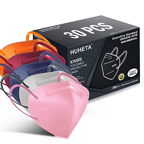 HUHETA KN95 Face Mask, 30 Pack Individually Wrapped, 5-Ply Breathable and Comfortable Safety Mask, Filter Efficiency Over 95%, Protective Cup Dust Masks Against PM2.5 (Multicolored Mask)