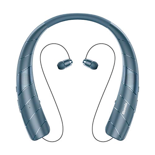 Bluenin BlueWave Pro 1 Bluetooth Headphones Speaker 2 in 1,Wireless Headphones Neckband Wearable Speaker Retractable Earbuds 3D Stereo Sound Sweatproof Headset with Carry Bag (Navy Blue)