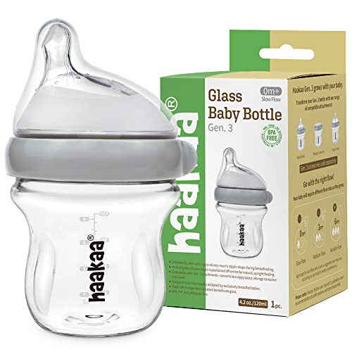 haakaa Natural Glass Baby Bottles for Breastfeeding, Anti-Colic, Wide Neck, BPA Free (4oz/120ml, 0+ Months, 1 pc)