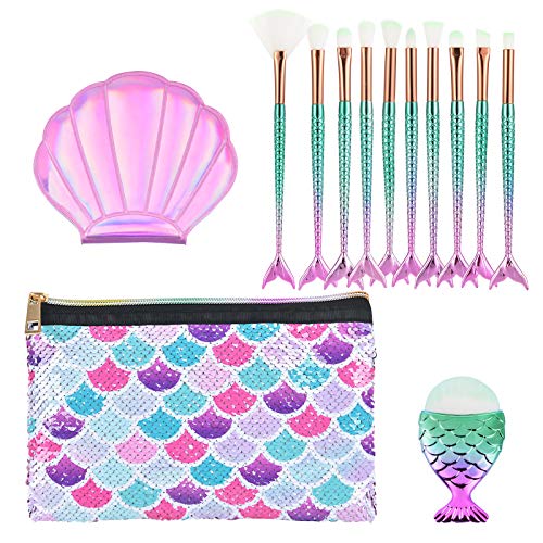 Mermaid Makeup Brush Sets with Cosmtic Bag – 13 PCS Beauty Makeup Tools Eye Shadow Eyeliner Concealer Foundation Blending Blush Brushes Compact Pocket Mirror Sequins Cosmetic Case Bag