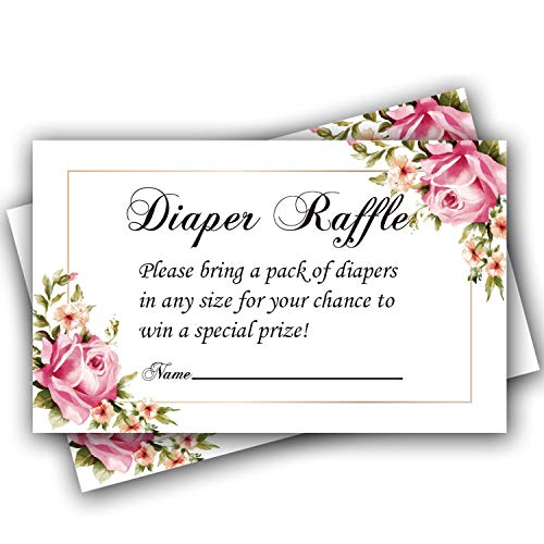 Diaper Raffle Tickets for Baby Shower (50 Count) 3.5″ x 2″ with Name Line, Pink Flower Design