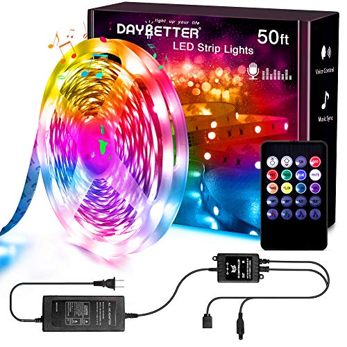 DAYBETTER LED Strip Lights, LED Lights with Music Sync, RGB Color Changing 50ft Led Light Strips with Controller for Bedroom, Kitchen, Gaming, Home Decoration
