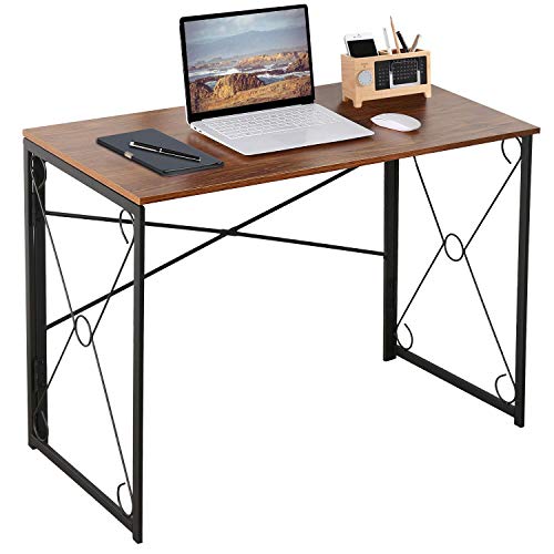 VECELO 39″ Writing Computer Folding Desk Sturdy Steel Laptop Table for Home Office Work, No Assembly Required, Brown