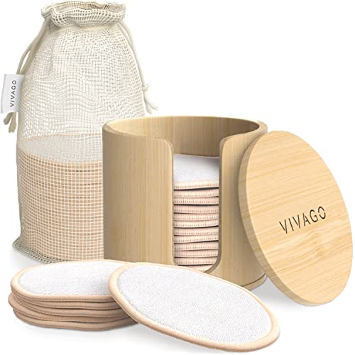 VIVAGO Reusable Makeup Remover Pads – (20 Pack) Soft Reusable Cotton Rounds for Face with Washable Drawstring Laundry Bag & Bamboo Holder – All Skin Type Skincare Set Facial Cleaning Cloth
