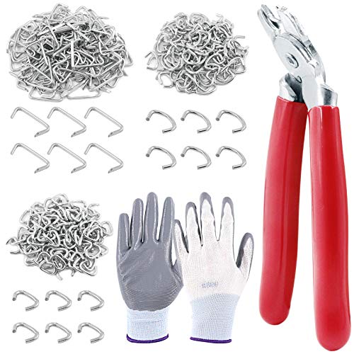 Keadic Angled Head Hog Ring Pliers & 360 Pieces Galvanized Hog Rings, Professional Upholstery Installation Kit with Protective Gloves, for Upholstery, Bungee Shock, Meat & Sausage Casings
