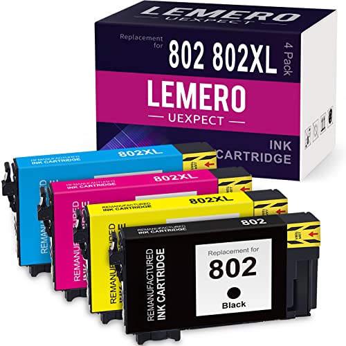 LemeroUexpect 802XL Remanufactured Ink Cartridge Replacement for Epson 802 XL-BCS T802XL for Workforce Pro WF-4740 WF-4734 EC-4020 EC-4040 WF-4720 WF-4730 Printer Black Cyan Magenta Yellow, 4P