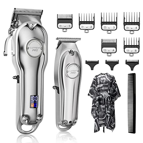 SUPRENT® Professional Hair Clippers for Men, Hair Cutting Kit & Zero Gap T-Blade Trimmer Combo, Cordless Barber Clipper Set with LED Display for Mens Gifts (Silver)