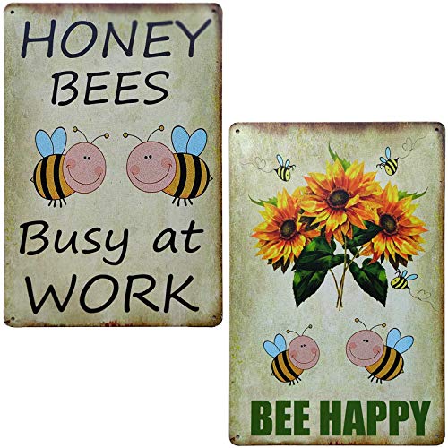 TISOSO Honey Bees Busy At Work & Bee Happy Vintage Sunflower Metal Sign Garden Decorative Plaque Farmhouse Country Home Decor 2Pcs-8X12Inch