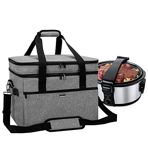 YARWO Slow Cooker Bag Compatible with Crock-Pot and Hamilton Beach 6-8 Quart Oval Slow Cooker, Double Layers Slow Cooker Travel Carrier for kitchen Appliance and Accessories, Gray (Bag Only)