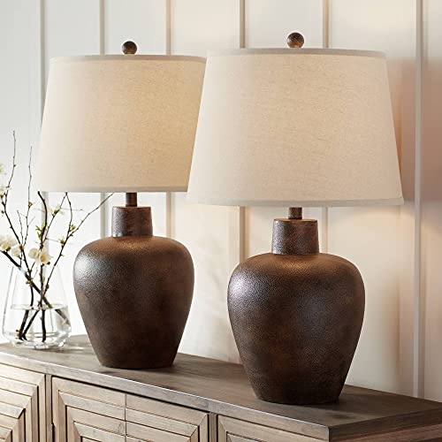 Regency Hill Glenn Farmhouse Rustic Southwestern Table Lamps 27″ Tall Set of 2 Dark Terra Cotta Tapered Fabric Drum Shade Decor for Living Room Bedroom House Bedside Nightstand Home Office