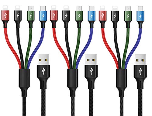 MINLU Multi Charging Cable 4A 3Pack 4FT Multi Fast Charging Cord 4 in 1 Multi Charger Cable Multi Cable with IP/Type C/Micro USB Port Adapter for Cell Phones/Tablets/Samsung Galaxy/LG/Huawei & More