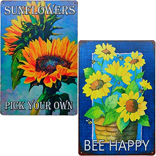 TISOSO Sunflower Pick Your Own Bee Happy Vintage Tin Bar Sign Country Farm Kitchen Wall Home Garden Decor Art Signs 2Pcs-8X12Inch