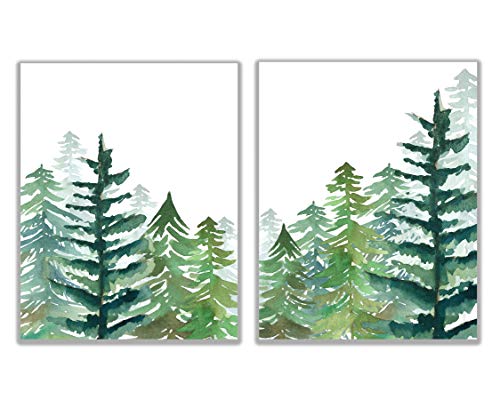 Watercolor Forest with Pine Trees on Mountain Landscape Wall Art Prints – Set of 2-11×14 UNFRAMED – Evergreen-Themed Wall Decor. Shades of Green & Gray