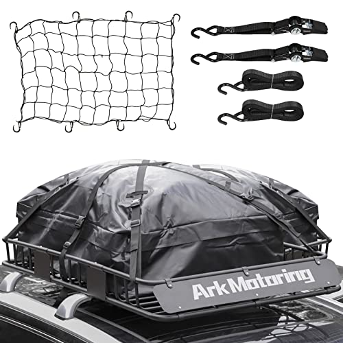 Ark Motoring Heavy Duty Roof Rack, 64″x 39″ Rooftop Cargo Carrier Basket with Waterproof Bag, Rack Extension, Tie Down Strap, Net and Car Top Luggage Holder for SUV, 150lb Capacity, Black Steel