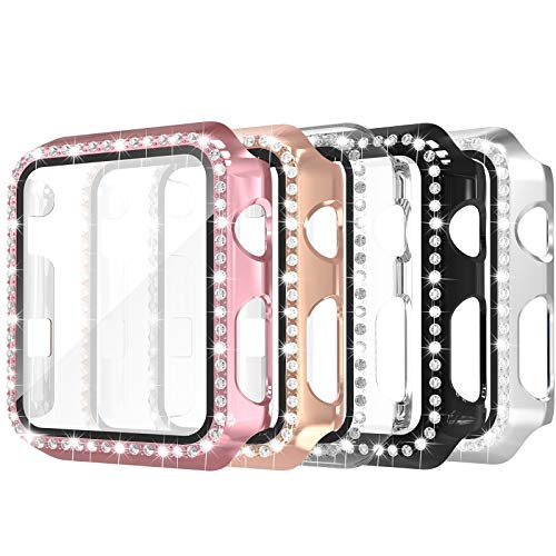 Simpeak 5Pack 38mm Bling Case Built-in Glass Screen Protector Compatible with Apple Watch Series 3 2 1, Crystals Hard Protector Case Replacement for iWatch 38mm, Rose Gold Pink/Black/Silver/Clear