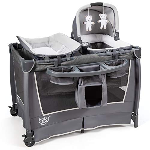 BABY JOY 4 in 1 Pack and Play, Portable Nursery Center Baby Playard w/Bassinet & Diaper Changing Table, Infant Bassinet Activity Center with Toys, Music, Oxford Bag for Toddlers (Space Grey, Classic)