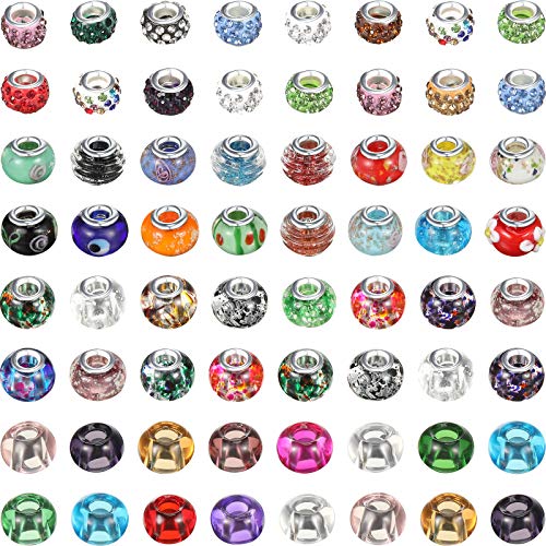 100 Pieces European Craft Glass Beads Assorted Large Hole Beads Mixed Color Rhinestone Charms Beads Crystal Spacer Beads for DIY Bracelet Necklace Jewelry Making