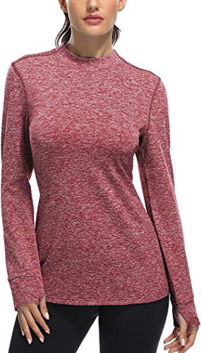 Fulbelle Thermal Fleece Warm Running Shirts Thumb Holes Women,Long Sleeve Mock Neck Workout Tops Outdoor Gym Sweatshirts Work Active-wear Athletic Athleisure Excercise Hiking Pullover Red Wine XXL