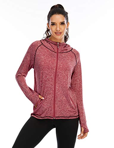 Koscacy Jackets for Women,Training Hoodie with Thumb Holes Athletic Top Tunic Zipped Hooded Yoga Shirts Practice Biking Exercise Fitness Cool Professional Stretchy Wine XX-Large