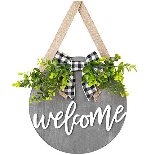 Dahey Welcome Sign for Front Door Decor 12 Inch Farmhouse Round Wood Wreath Wall Hanging Outdoor Home Porch Decorations for Winter Spring All Seasons Holiday Housewarming Gift, Grey