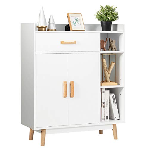 Giantex Floor Storage Cabinet Free Standing Cupboard Chest with 1 Drawer, 2 Doors, 3 Shelves & 4 Rubber Wood Legs for Bedroom Home Office Sideboard Storage Organizer, White