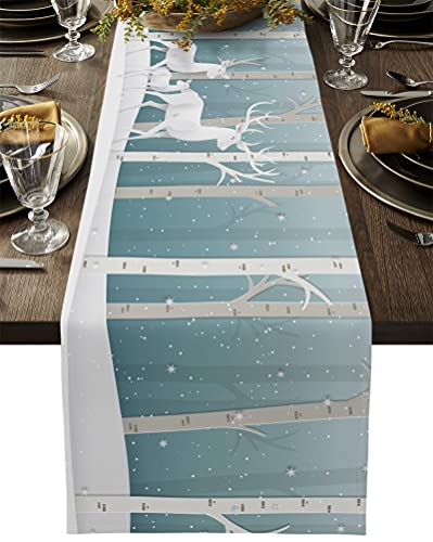 Christmas Table Runner-Cotton Linen-Winter Dinner Scarf Décor,Long 108 Inch Holiday Forest Reindeer Dresser Scarves,Farmhouse Xmas Tablerunner for Kitchen Coffee/Dining Bedroom Home Living Room