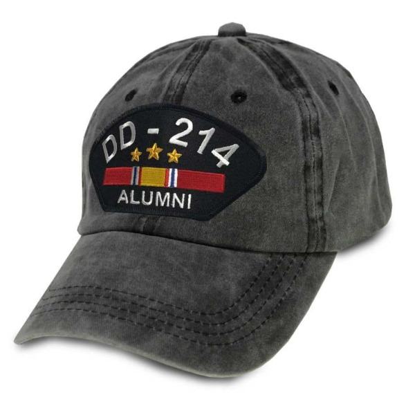 VetFriends.com US Veteran Hat with DD-214 Alumni Text and National Service Ribbon Graphic – Embroidered Adjustable Vintage Washed Gray Cap