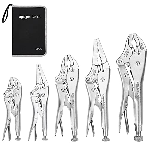Amazon Basics 5-Piece CR-V Locking Pliers and Wire Cutters Set with Carrying Case – (2) Straight, (3) Curved Jaw, 6.5-10 Inch