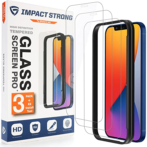 ImpactStrong Shatterproof Tempered Glass Screen Protector for iPhone 12 Mini [Easy Installation Frame] [Bubble Free] [9H Hardness] [Full Coverage] Case Friendly, 5.4 Inch (3-Pack)