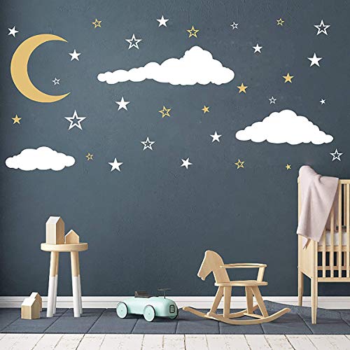 Removable Creative 3D Vinyl White Clouds Moon and Stars Wall Decals DIY Home Wall Art Decor Wall Stickers for Kids Baby Children Boy and Girls Rooms Bedroom Living Room Playroom Decoration (Gold)
