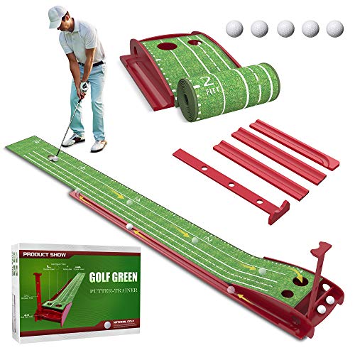 Wood Golf Putting Green Mat with Auto Ball Return System Mini Golf Game Practice Equipment and Golf Gifts for Men Home Office Backyard Indoor Outdoor Use (Indoor Golf)
