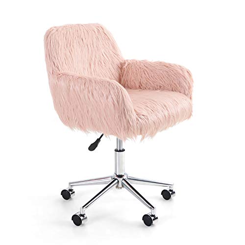 ALPHA HOME Home Office Chair Pink Faux Fur Office Desk Chair Adjustable Vanity Chair Ergonomic Computer Chair Fluffy Makeup Stool Armchair 360 °Rolling Swivel Stool 300 Lbs Weight Capacity