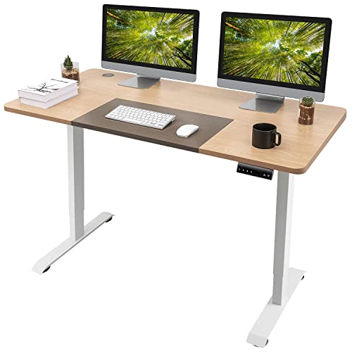 Homall Electric Height Adjustable Standing Desk 55 x 28 Inches Computer Desk Stand Up Home Office Workstation Desk T-Shaped Metal Bracket Desk with Wood Tabletop and Memory Settings （Beige）