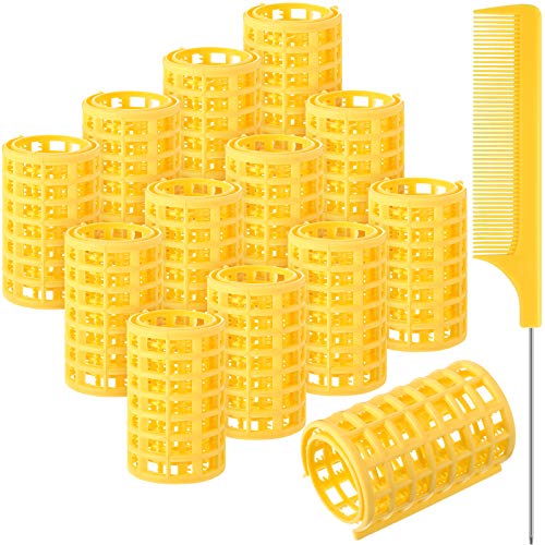 12 Pieces Hair Roller, Large Size Plastic Hair Rollers Hair Curlers with Steel Pintail Comb Rat Tail Comb for Short Hair Long Hair Hairdressing Styling Tools (Yellow,6.8 x 3.6 cm)