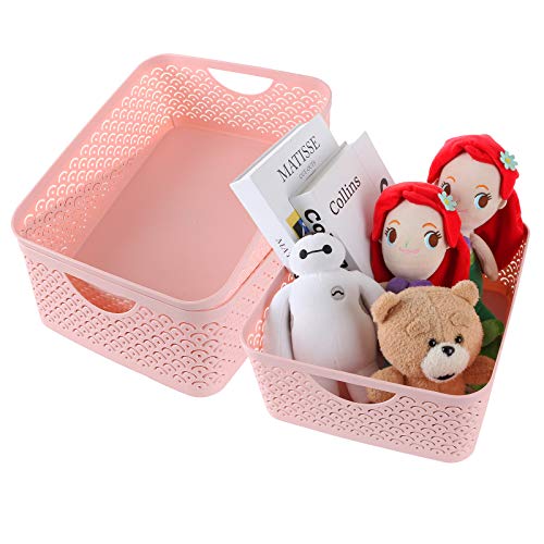 STARVAST 3 Pack Plastic Storage Baskets, Portable Pink Fish Scale Pattern Hollow Desktop Storage Bin Box with Handle for Kitchen, Bathroom, Kids Room or Nursery Storage – 13.8 x 11.2 x 5.1 inches