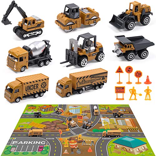 DigHealth Construction Vehicles Toys Set with 32×28 Inches Play Mat, 8 Mini Alloy Engineering Trucks and 7 Road Signs, Excavator and Dumper Truck Toy Gift for 3 4 5 6 7 Years Old Kids, Boy and Toddler