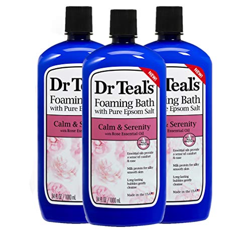 Dr. Teal’s Calm & Serenity Pure Epsom Salt Foaming Bath Gift Set ( 3 Pack, 34 oz ea.) – Rose Essential Oils & Milk Protein Provide Stress Relief & Silky Smooth Skin – Long Lasting Bubbles Nourish Skin