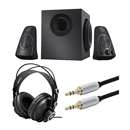 Logitech Z623 400 Watt Home Speaker System Bundle with Knox Gear Headphones and Audio Cable (3 Items)