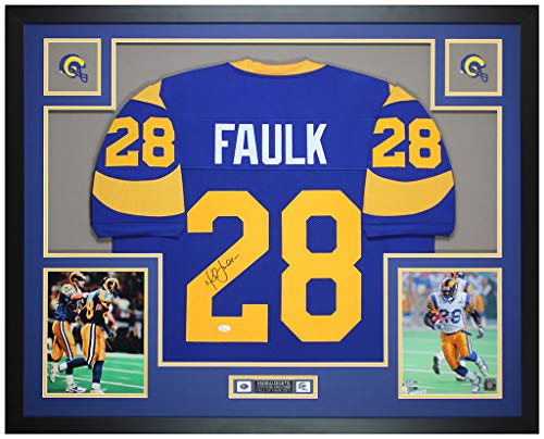 Marshall Faulk Autographed Blue St Louis Jersey – Beautifully Matted and Framed – Hand Signed By Faulk and Certified Authentic by JSA – Includes Certificate of Authenticity