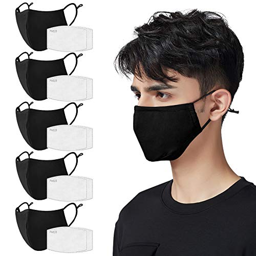 Black Cloth Face Masks 3&5 Pack with 10 Filters, 3-Ply Reusable Breathable Black Face Mask for Men & Women Adult