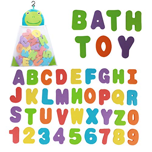 Bath Toys Organizer + 36 Soft Foam ABC 123 Letters & Numbers Bathroom Alphabet Baby Toys for Early Learning Foam Letters and Quick Dry Storage Net Bag