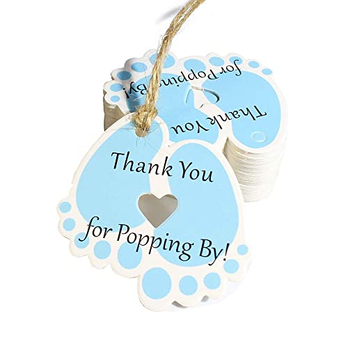 50 Pcs Thank You Baby Shower Tags with String, Thank You for Coming Baby Feet Blue Tag for Boy Birthday Party Favors Decorations with Hole (Blue B)