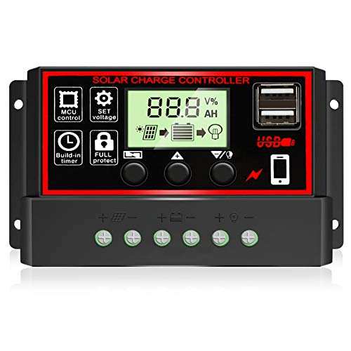 [Upgraded] 30A Solar Charge Controller, Black Solar Panel Battery Intelligent Regulator with Dual USB Port 12V/24V PWM Auto Paremeter Adjustable LCD Display (30a)