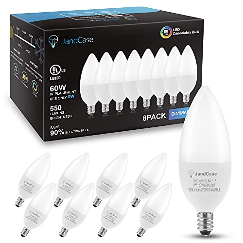 JandCase Candelabra Light Bulbs, Dimmable E12 Candle Bulbs, 6W (60W Equivalent), Warm White 2700K, Decorative Type B LED Bulbs, Candelabra Lights for Ceiling Fan, Chandelier, UL Listed, 8 Pack