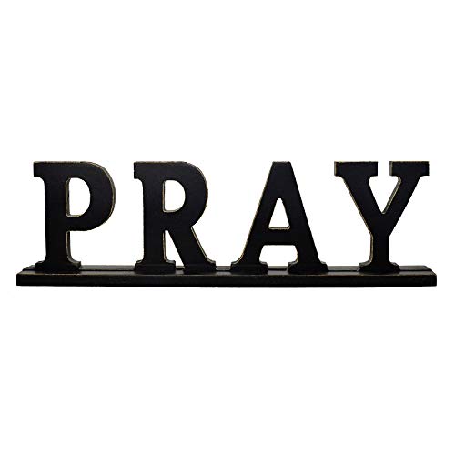Rustic Wood Pray Sign for Home Decor, Decorative Wooden Cutout Word Decor Freestanding Pray Tabletop Decor, 16.14″ X 4.75″ Black Pray Block Letters Sign Pray Mantel Decor (Black Pray Sign)
