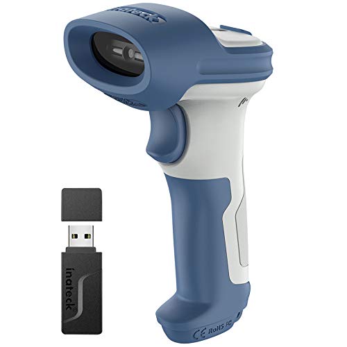 Inateck Bluetooth Barcode Scanner, 2D Wireless Barcode Scanner, Bluetooth 5.0 and 2.4Ghz Adapter, 3 in 1 Reader, Support GS1 Barcode, BCST-73 Blue White