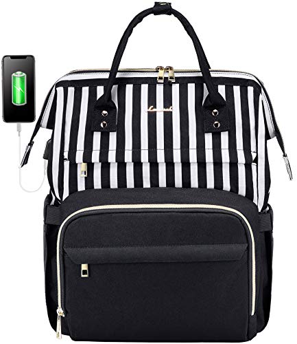LOVEVOOK Laptop Backpack Women Teacher Backpack Nurse Bags, 15.6 Inch Womens Work Backpack Purse Waterproof Anti-theft Travel Back Pack with USB Charging Port (Black-Thick Stripe)