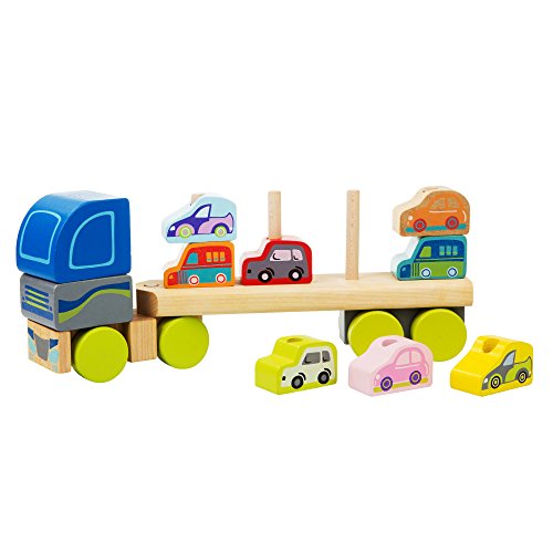Wise Elk Wooden Truck with Cars for Toddlers, Greaf Gift for Kids from 18 Month, Learning Truck with Crane for Kids with Bright Blocks, Color and Shape Sorter.