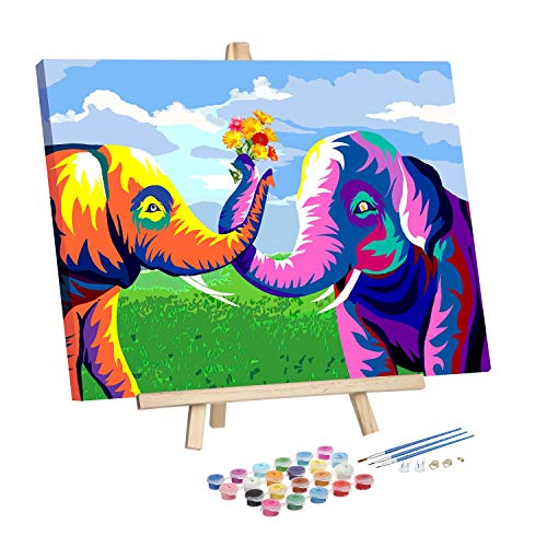 Dydjoy DIY Paint by Numbers for Adults and Kids，Acrylic Painting Kit – 12” x 16” Two Elephants Pattern with Wooden Easel